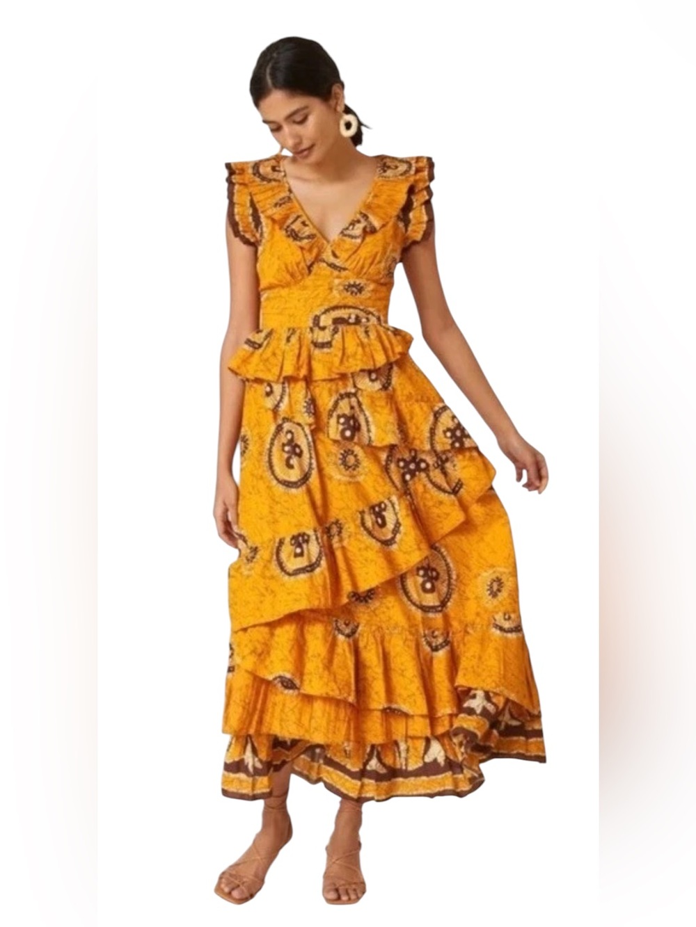 Love The Label Batik Maxi Dress M Gold Ruffle Tiered Cotton NWT $375